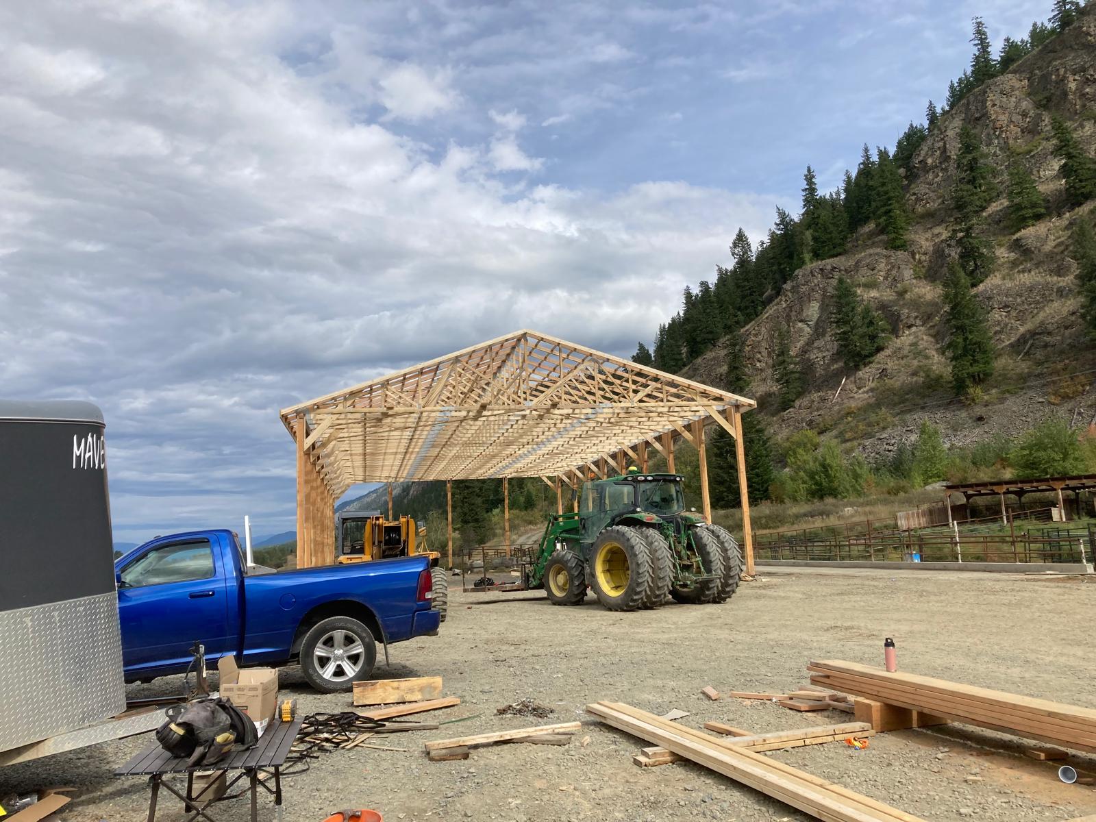 Roof trusses erected during shop construction